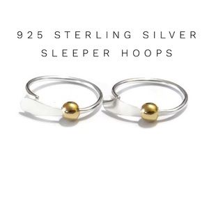 Small 925 Sterling Silver Hammered Lip Sleeper Hoop Earrings with Gold Bead